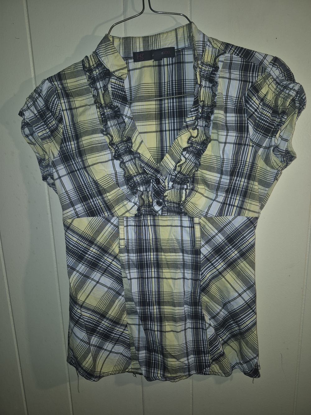 Heart & Soul Juniors Yellow & Black Plaid Ruffle Front Cap Sleeve Shirt Sz Small